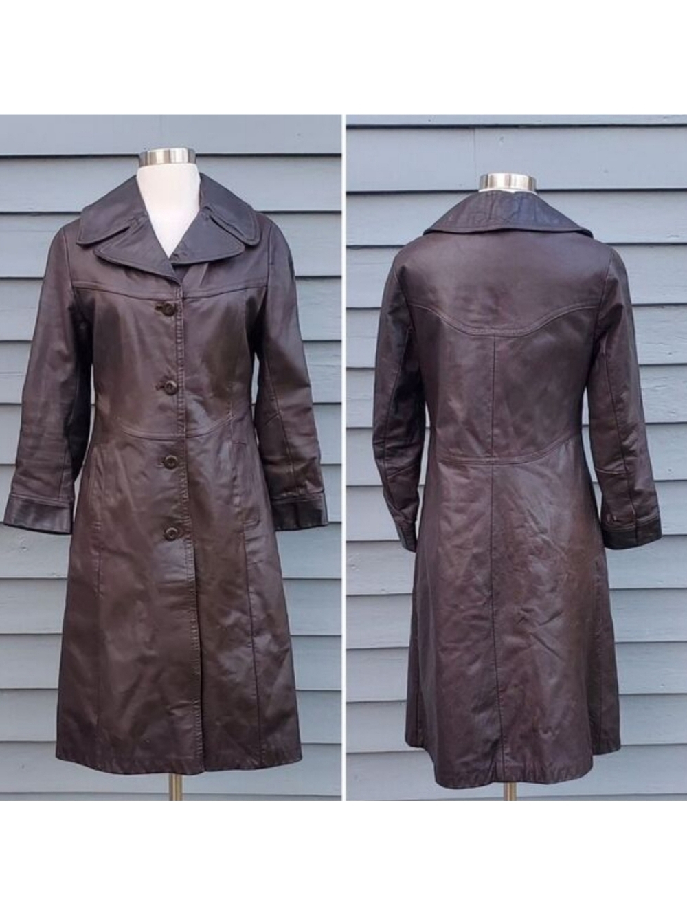 Vintage 70s Western Boho Hippie Mod Dark‎ Brown Leather Long Trench Coat